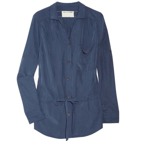 Rag & Bone Sullivan Tunic Shirt Navy Blue‎ Modal Collared Tie Front Size Small S - Picture 2 of 12